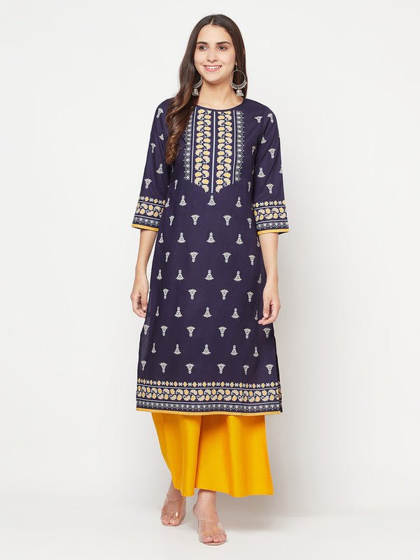 Aniyah Rayon Screen Print Navy Blue Straight Kurta