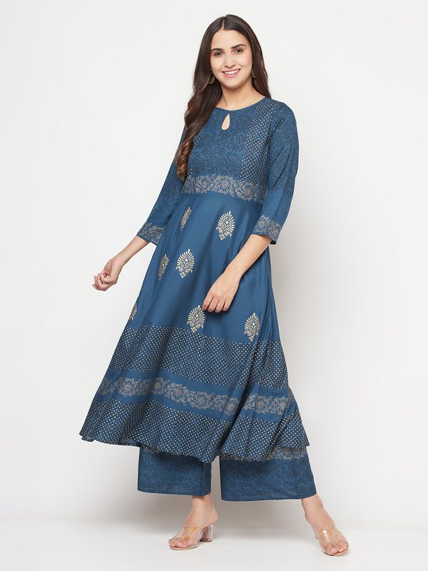 Aniyah Rayon Block Print Flared Slip-on Blue Palazzo