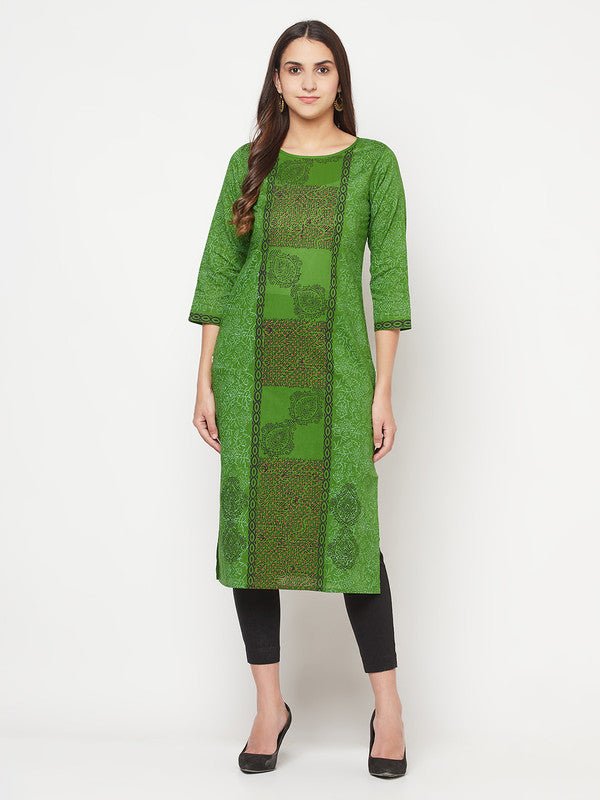 Aniyah Cotton Block Print Green Straight Kurta