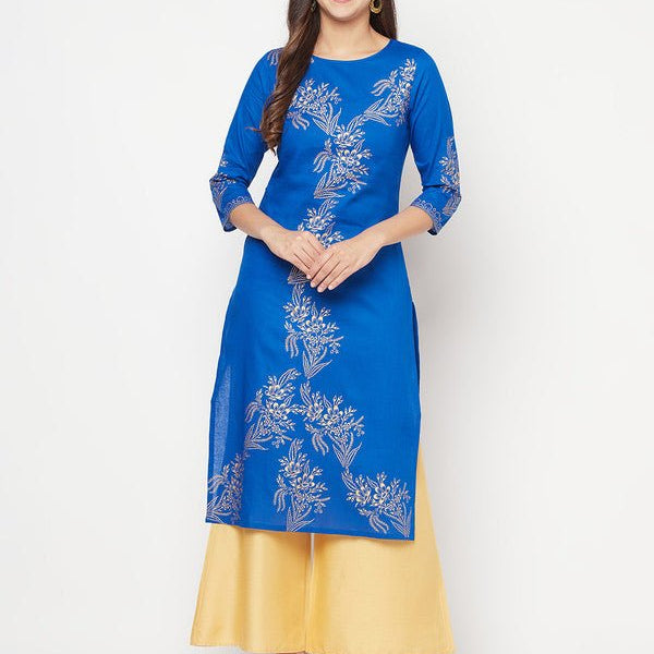 Aniyah Cotton Foil Print Royal Blue Straight Kurta