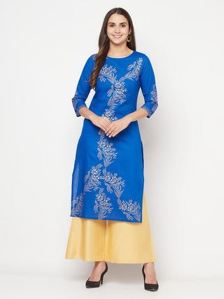 Aniyah Cotton Foil Print Royal Blue Straight Kurta