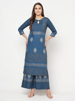 Thumbnail for Aniyah Rayon Block Print Blue Straight Kurta Palazzo Set