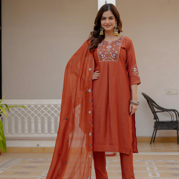Pramukh Fab Rust Color Viscose Mango Silk Kurta Set - Distacart
