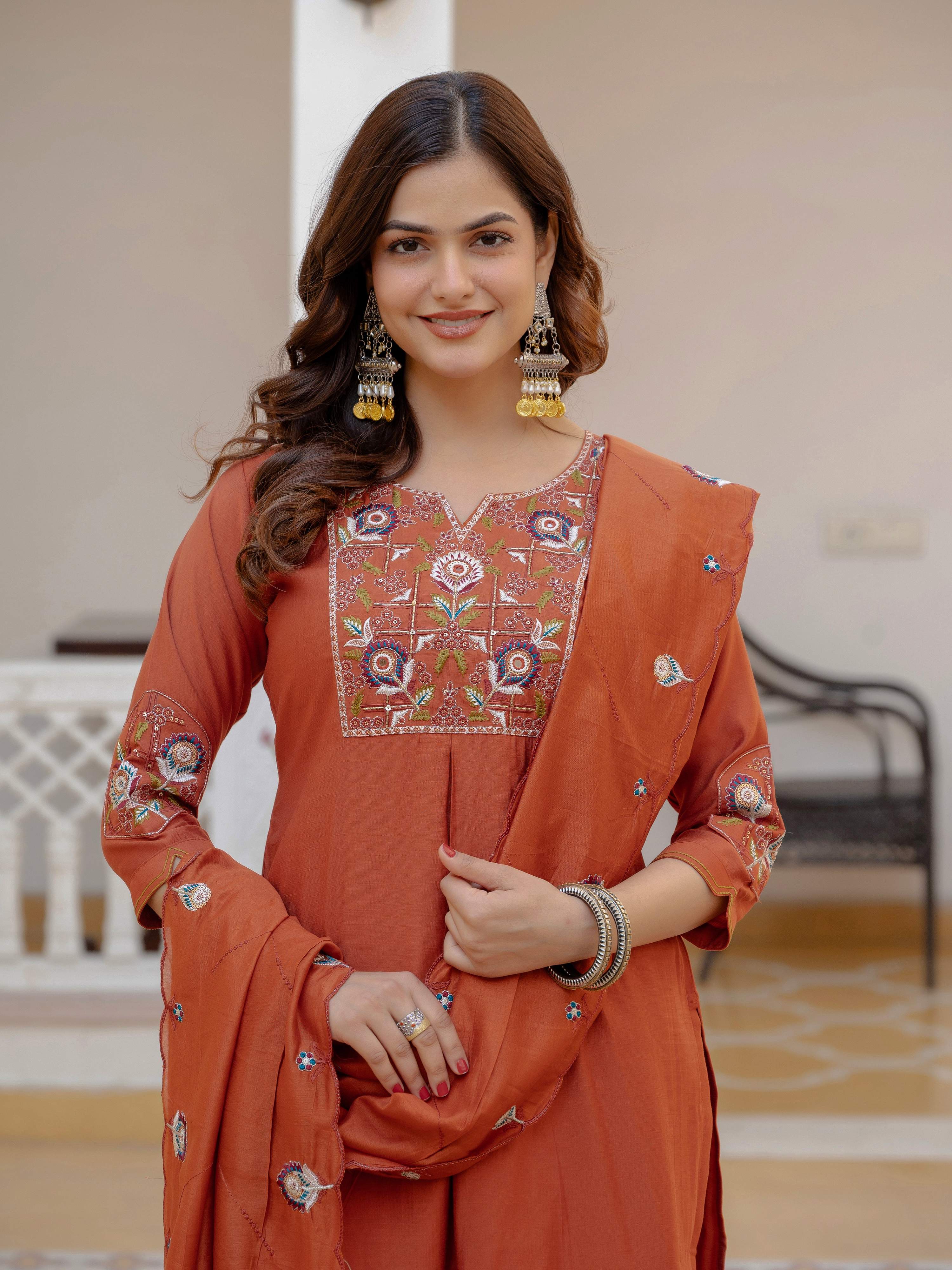 Pramukh Fab Rust Color Viscose Mango Silk Kurta Set - Distacart