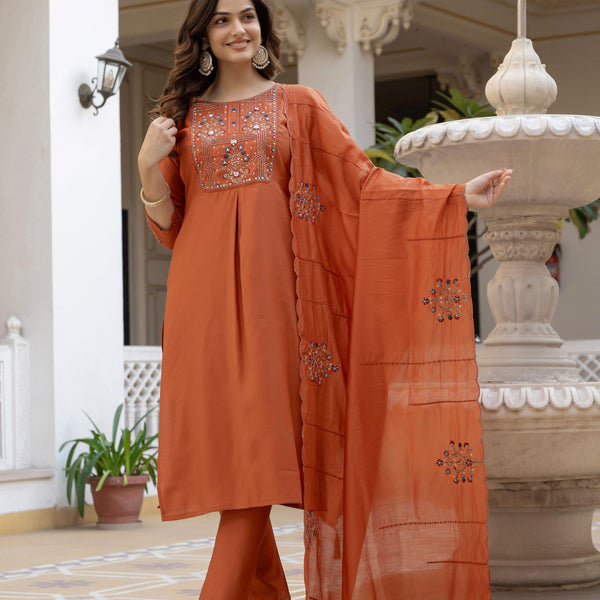 Pramukh Fab Rust Color Viscose Mango Silk Kurta Set - Distacart