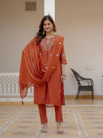 Thumbnail for Pramukh Fab Rust Color Viscose Mango Silk Kurta Set - Distacart