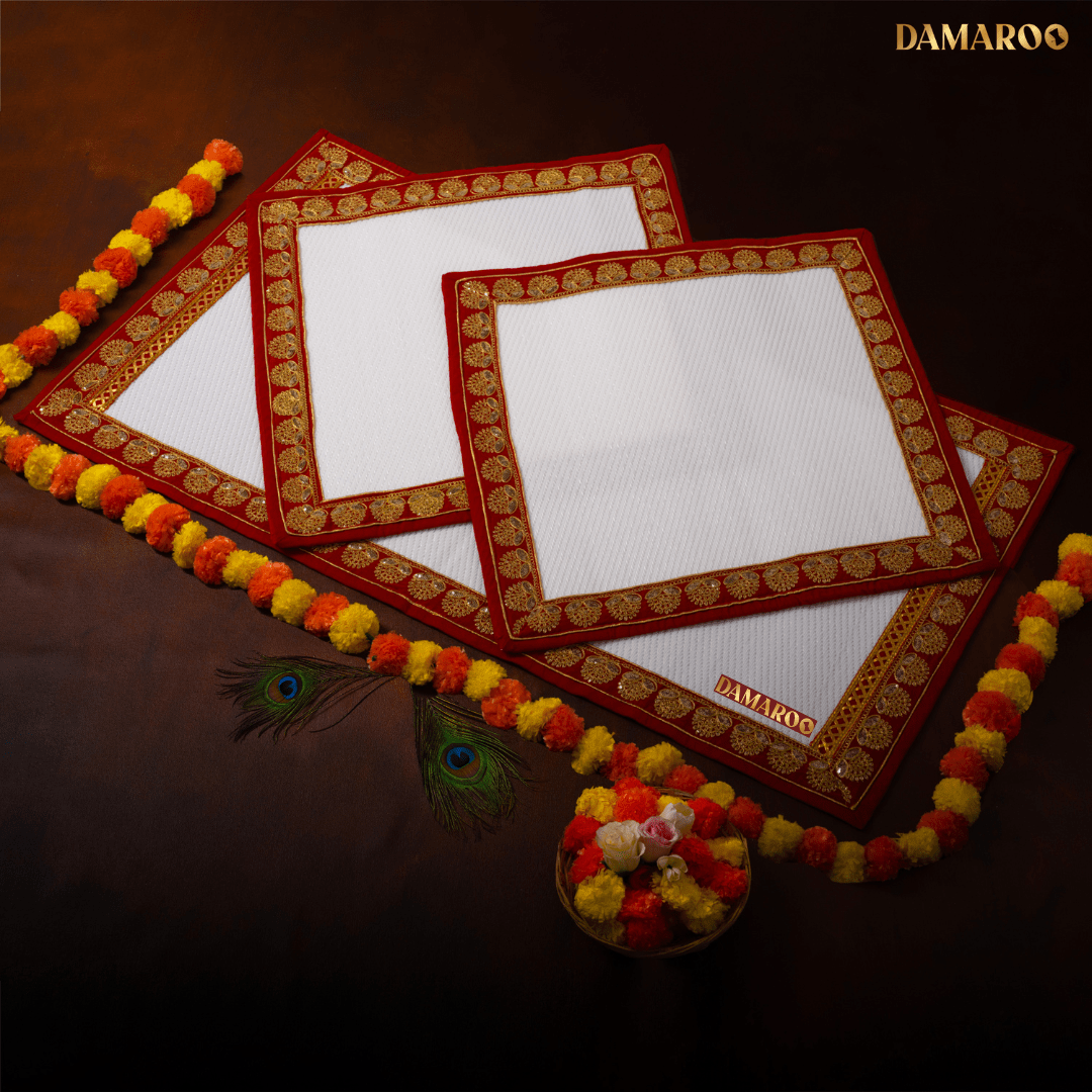 Damaroo Combo Pack of 3 | Elegant Nylon Pooja Aasan & Mat | Red Sequins Border - White - Distacart