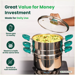 Thumbnail for The Indus Valley Tri-steel Multi Cooker Pot Premium Stainless Steel Momo Maker/ Idiyappam/ Biryani/  Veg Steaming Set, 3 Pots, 21cm