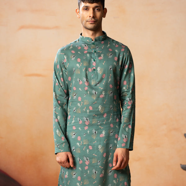 Green Floral Printed Kurta by Hilo Design - Distacart