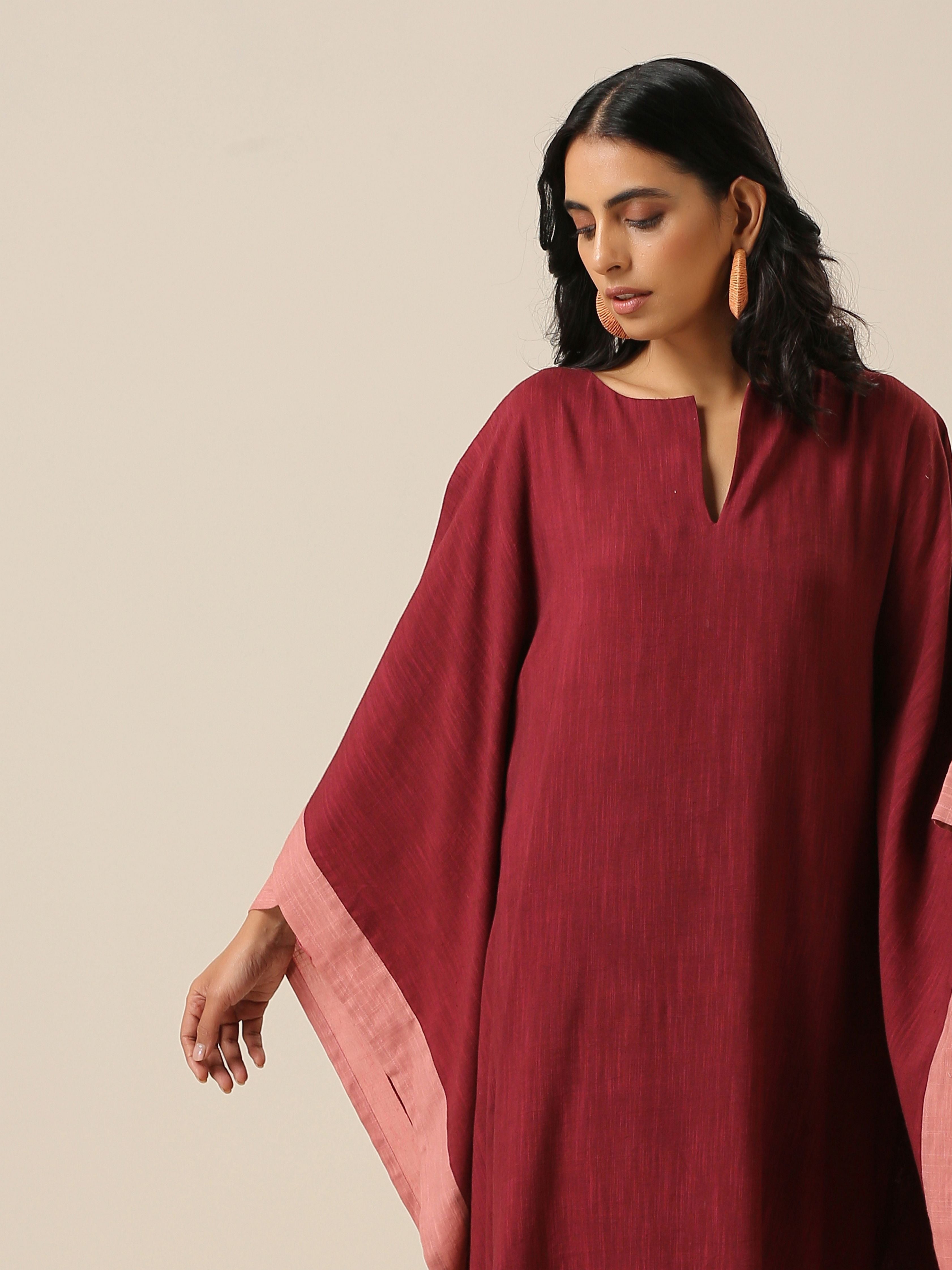 trueBrowns Ruby Wine Slub Texture High Low Kaftan Pant Set | Relove