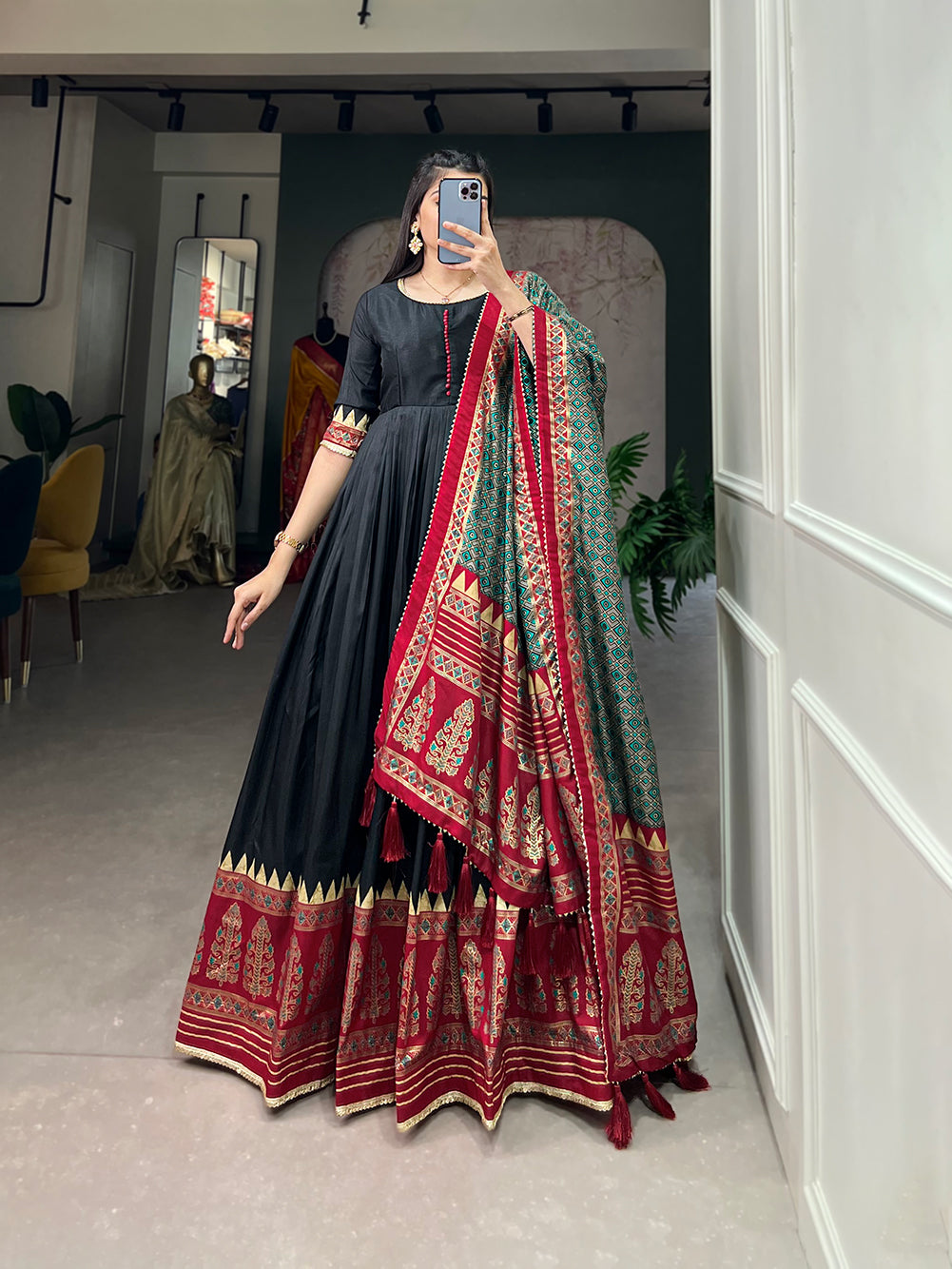 Lorenvalley Black Tussar Silk Print With Foil Print Gown with Dupatta - Distacart