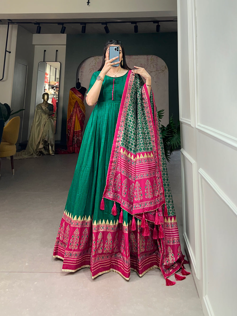 Lorenvalley Green Tussar Silk Print With Foil Print Gown with Dupatta - Distacart