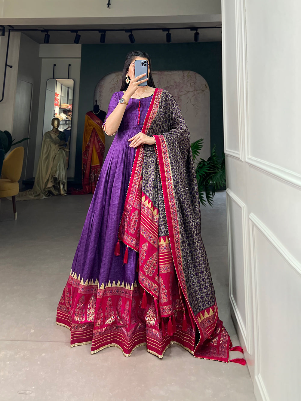 Lorenvalley Purple Tussar Silk Print With Foil Print Gown with Dupatta - Distacart