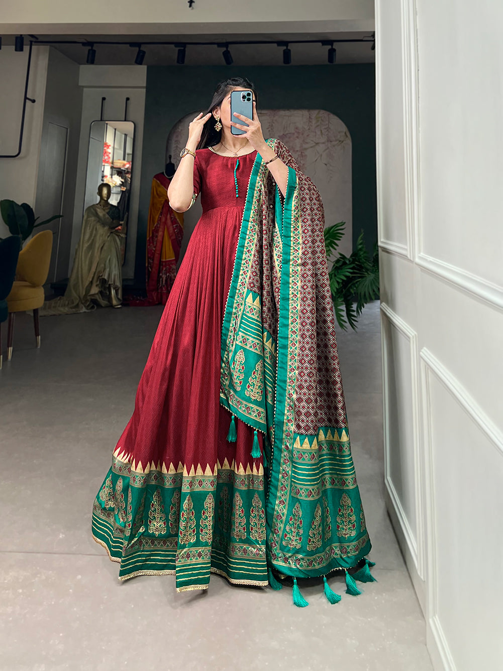 Lorenvalley Red Tussar Silk Print With Foil Print Gown with Dupatta - Distacart