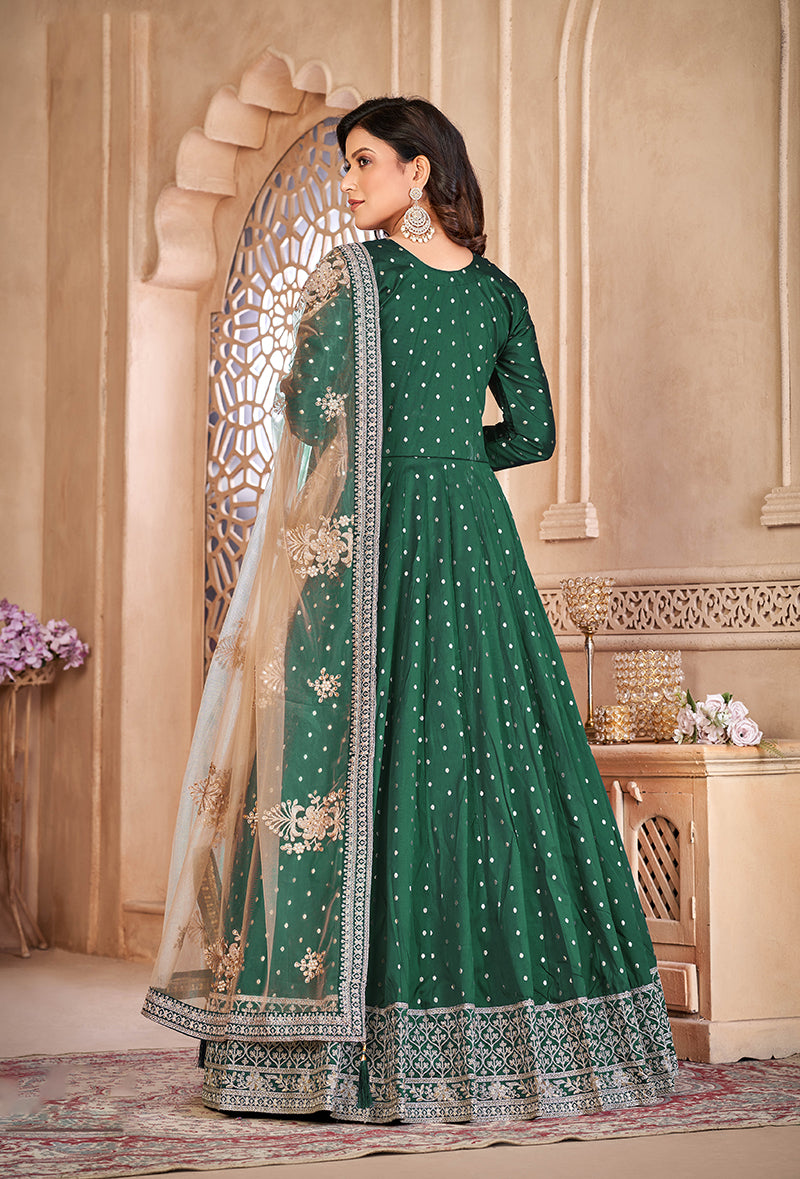 Monjolika Fashion Dark Green Color Embroidered Taffeta Silk Anarkali Suit