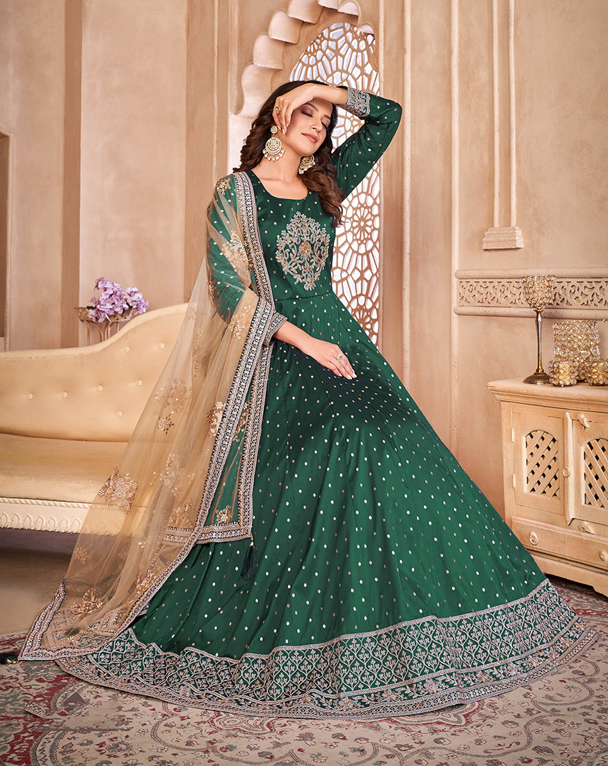 Monjolika Fashion Dark Green Color Embroidered Taffeta Silk Anarkali Suit