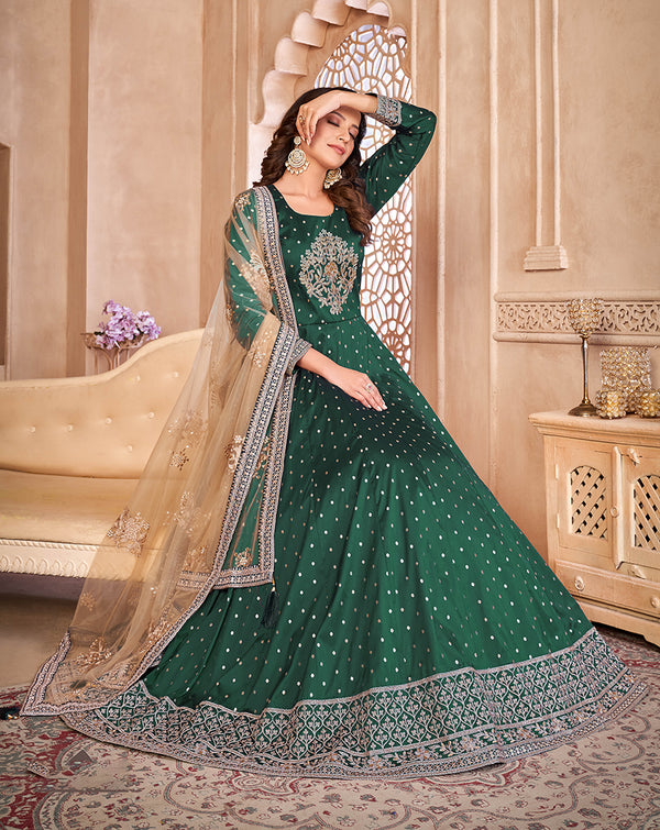Monjolika Fashion Dark Green Color Embroidered Taffeta Silk Anarkali Suit
