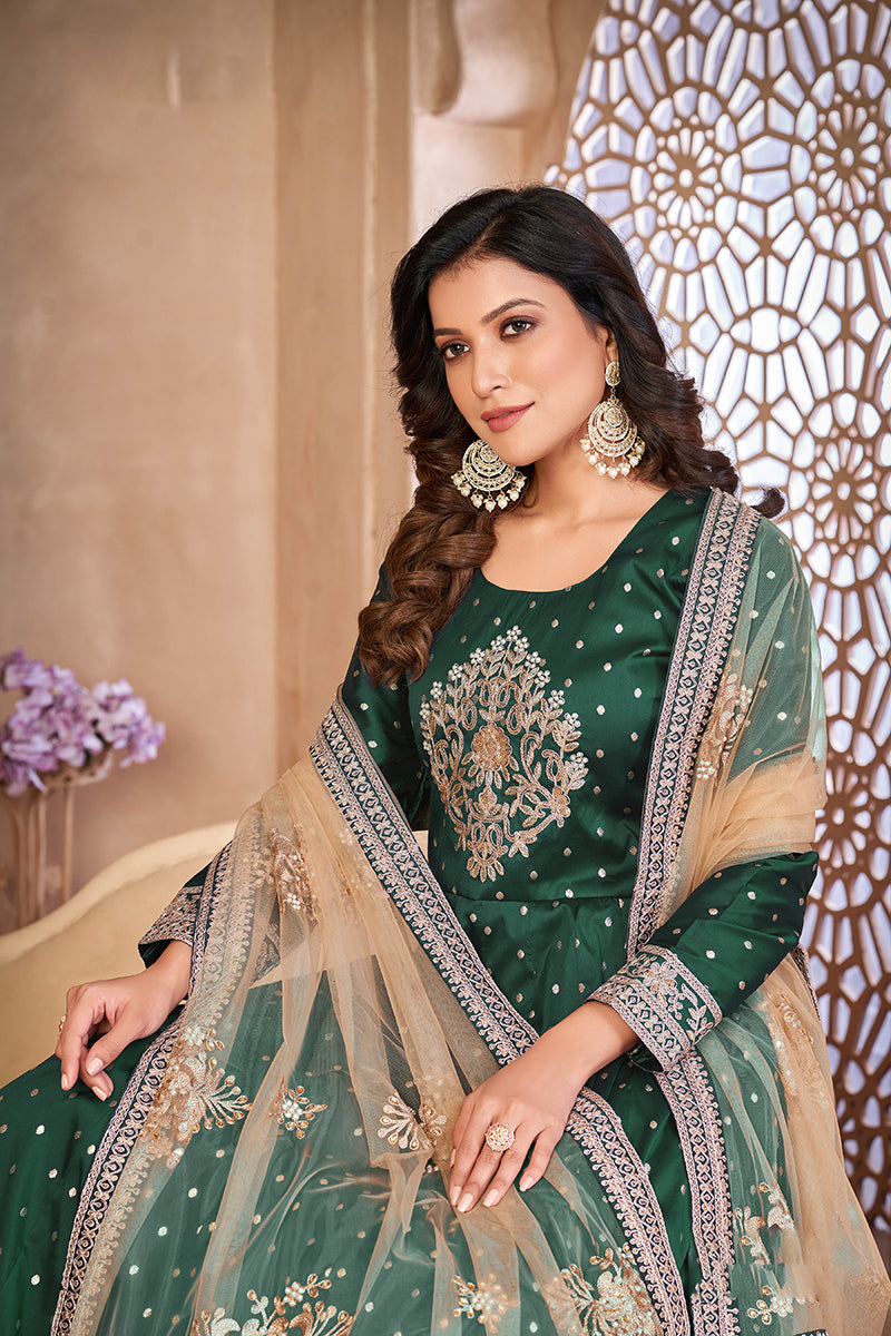 Monjolika Fashion Dark Green Color Embroidered Taffeta Silk Anarkali Suit