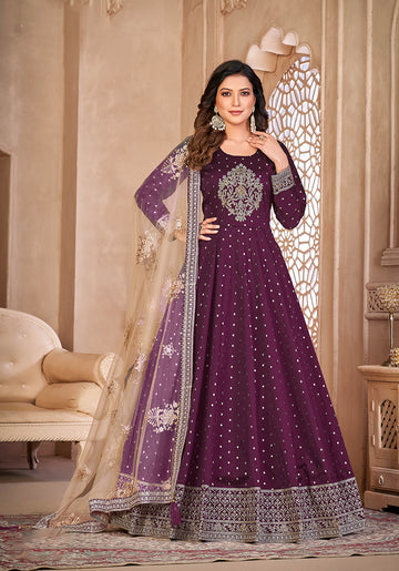 Monjolika Fashion Purple Color Embroidered Taffeta Silk Anarkali Suit - Distacart