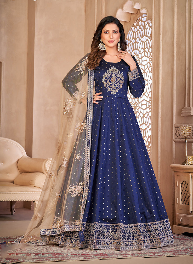 Monjolika Fashion Navy Blue Color Embroidered Taffeta Silk Anarkali Suit - Distacart