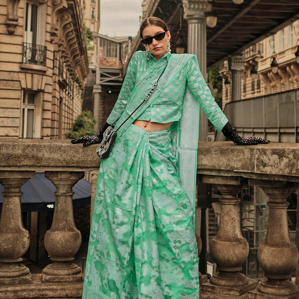 Monjolika Fashion Sea Green Color Lakhnavi Organza Weaving Work Saree With Blouse - Distacart