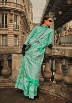 Thumbnail for Monjolika Fashion Sea Green Color Lakhnavi Organza Weaving Work Saree With Blouse - Distacart