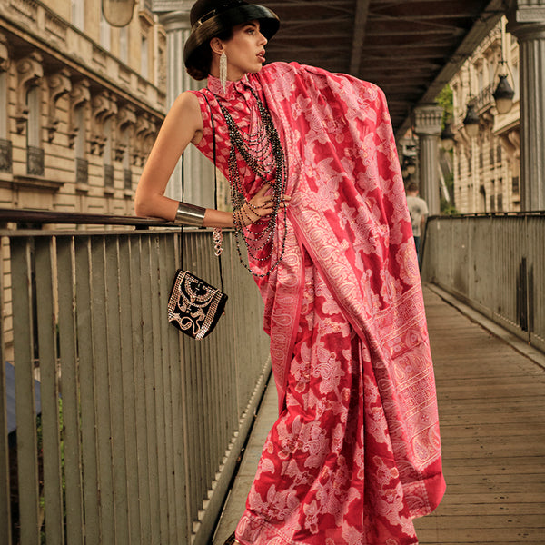 Monjolika Fashion Light Red Color Lakhnavi Organza Weaving Work Saree With Blouse - Distacart