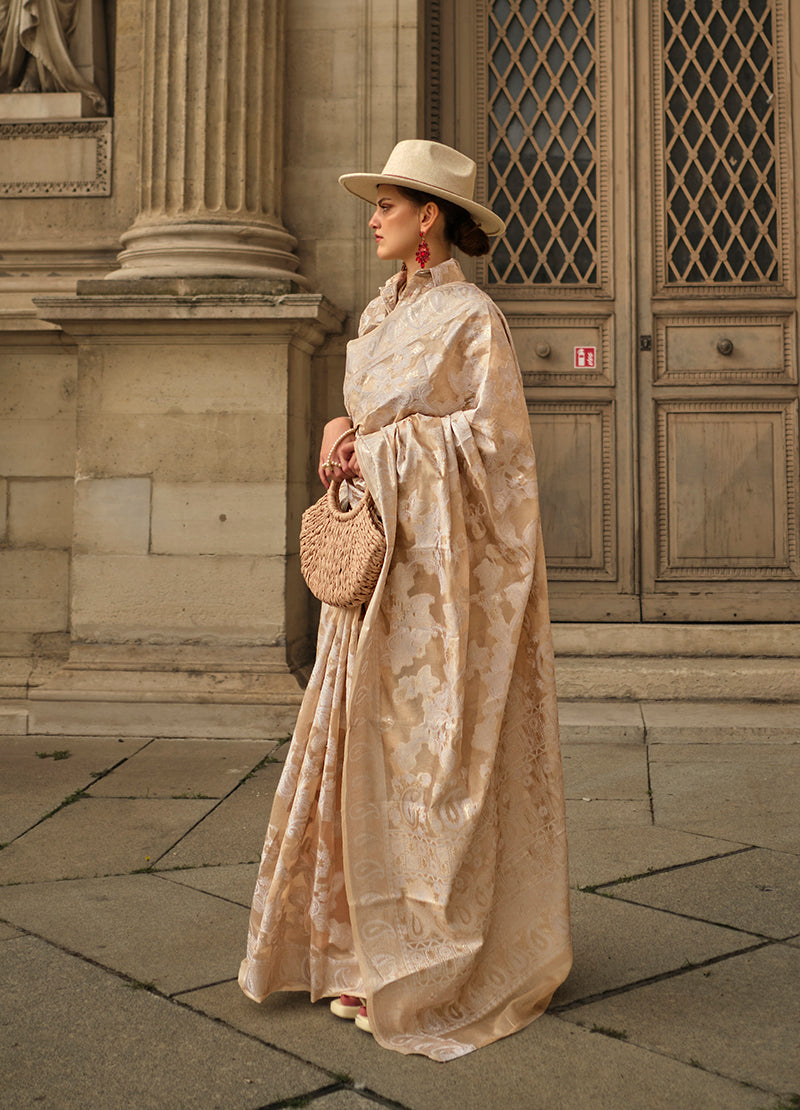 Monjolika Fashion Cream Color Lakhnavi Organza Weaving Work Saree With Blouse