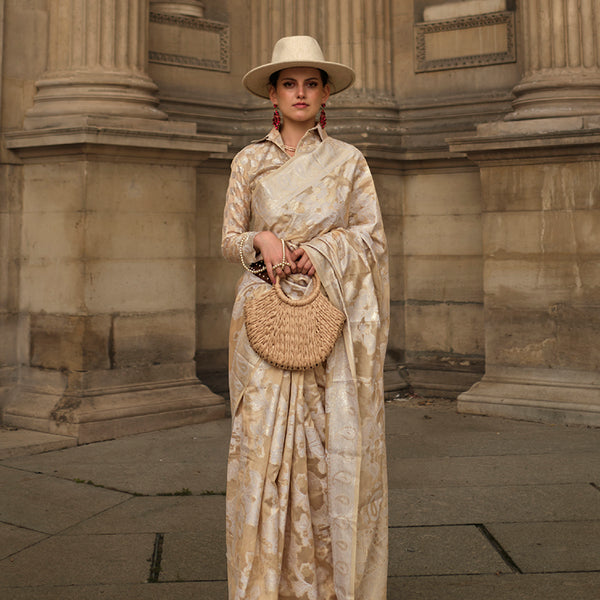 Monjolika Fashion Cream Color Lakhnavi Organza Weaving Work Saree With Blouse