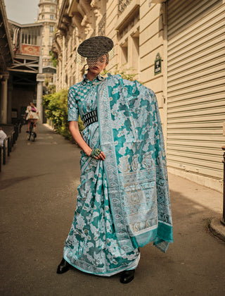 Monjolika Fashion Sky Blue Color Lakhnavi Organza Weaving Work Saree With Blouse