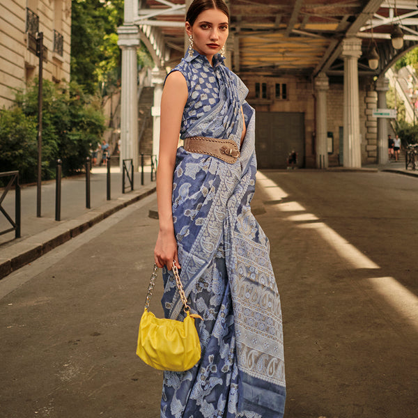 Monjolika Fashion Aegon Blue Color Lakhnavi Organza Weaving Work Saree With Blouse - Distacart