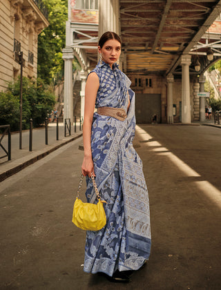 Monjolika Fashion Aegon Blue Color Lakhnavi Organza Weaving Work Saree With Blouse