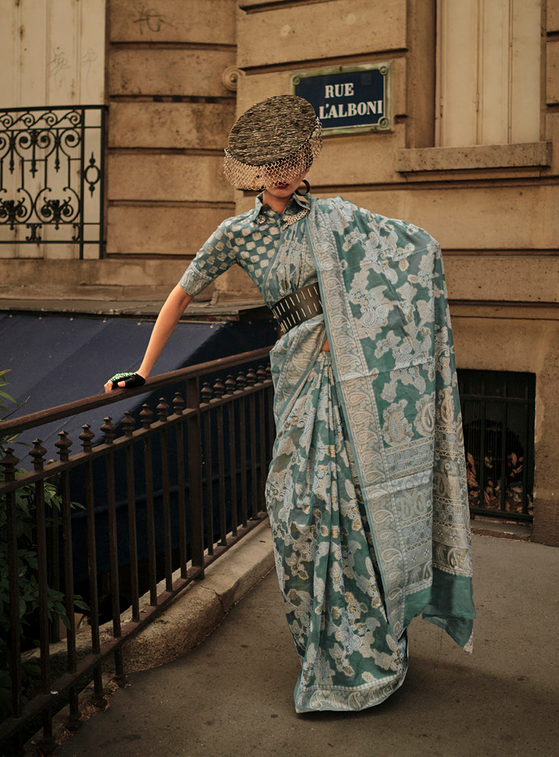 Monjolika Fashion Dusty Green Color Lakhnavi Organza Weaving Work Saree With Blouse - Distacart