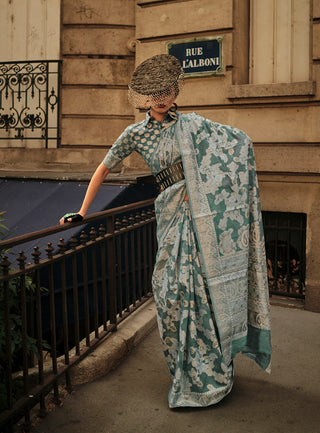 Monjolika Fashion Dusty Green Color Lakhnavi Organza Weaving Work Saree With Blouse