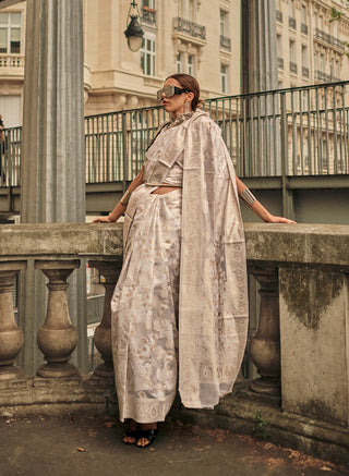 Monjolika Fashion White Color Lakhnavi Organza Weaving Work Saree With Blouse