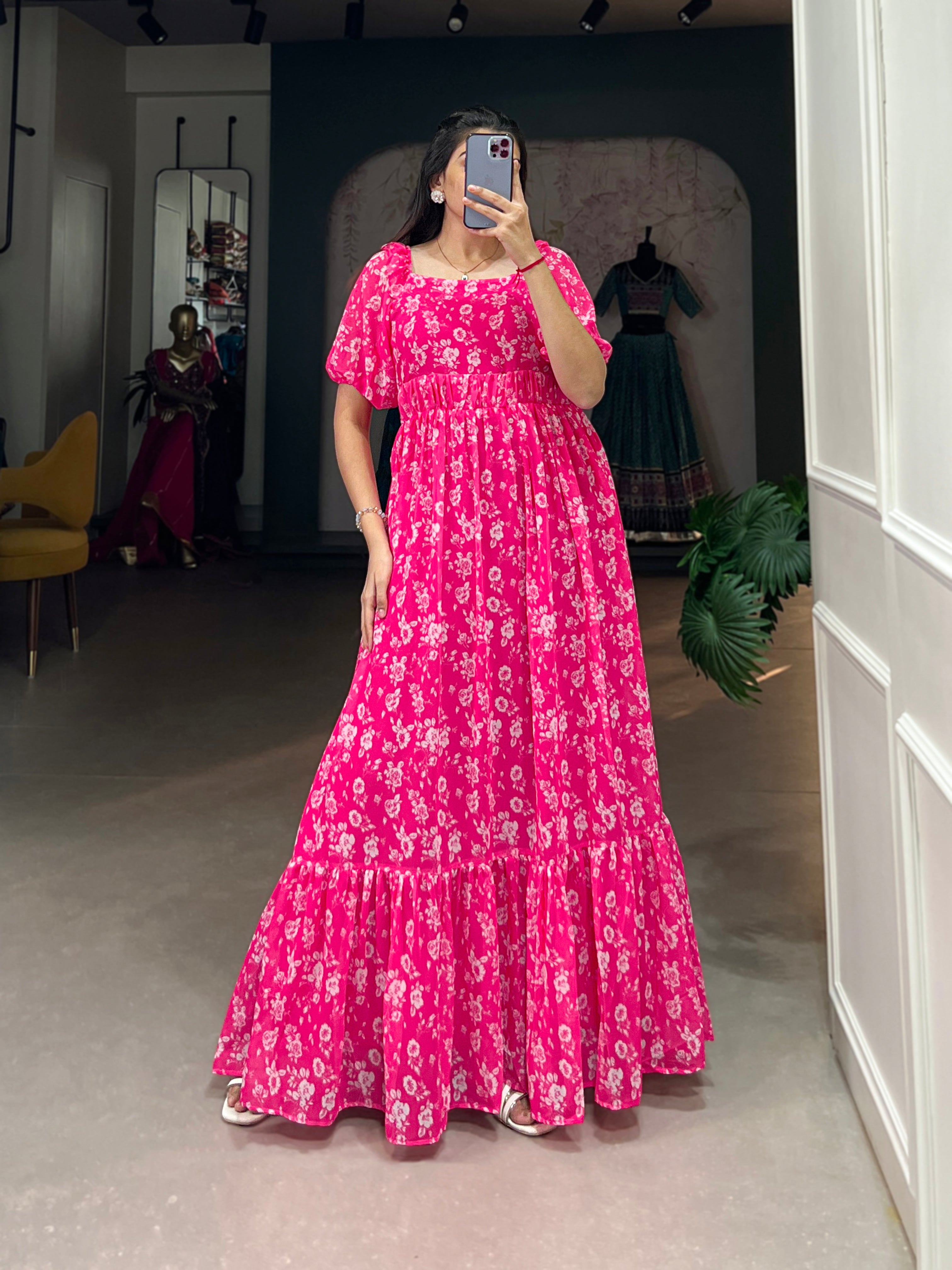 Lorenvalley Pink Georgette Floral Print Gown - Distacart