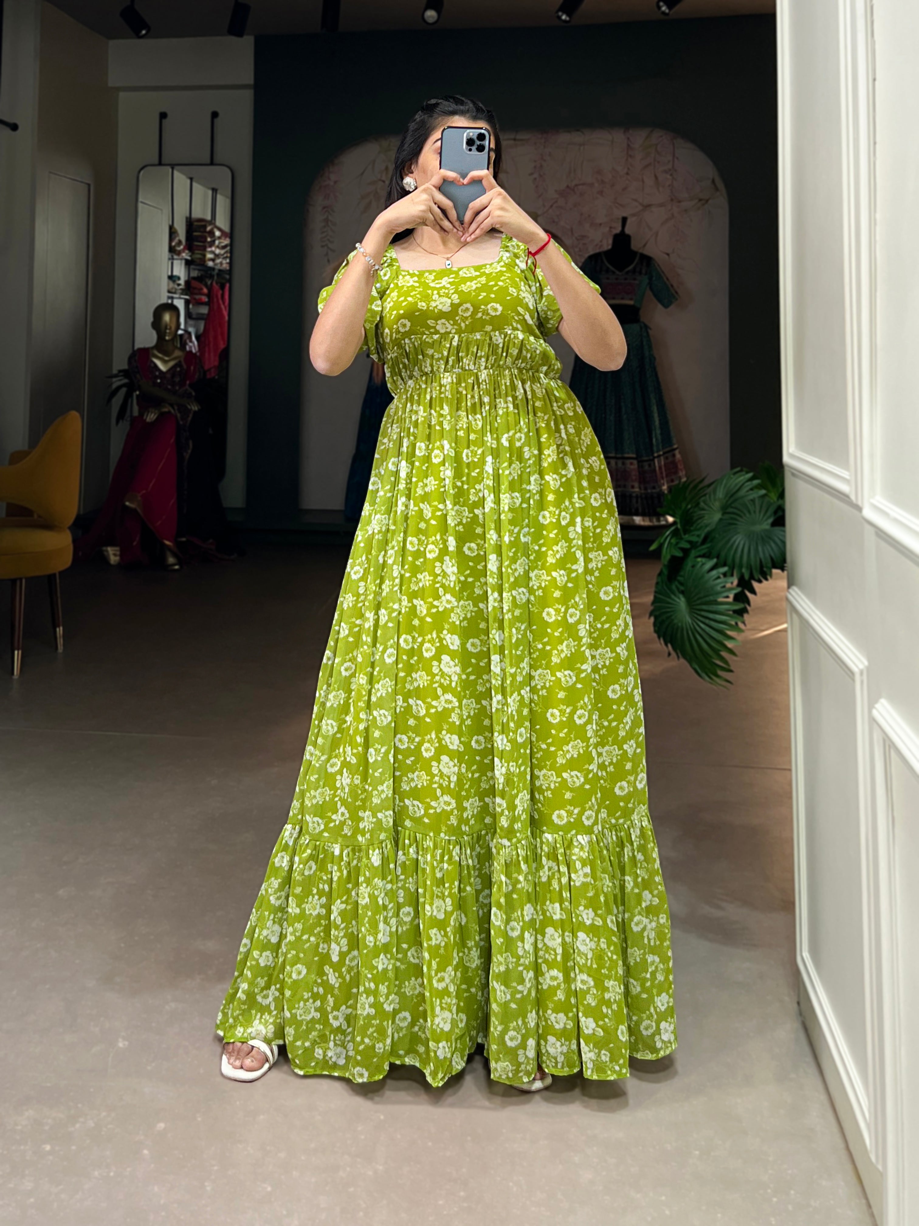 Lorenvalley Parrot green Georgette Floral Print Gown - Distacart