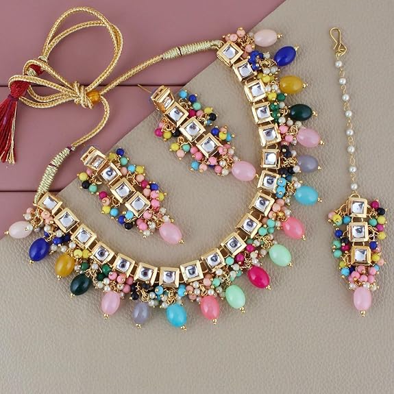 Tehzeeb Creations Back Meenakari Gold-Polished Square Shape Tika Earring Jewellery Set Uncut Kundan Big Faux Kundan Dibbi Kundan Choker Necklace Set - Distacart