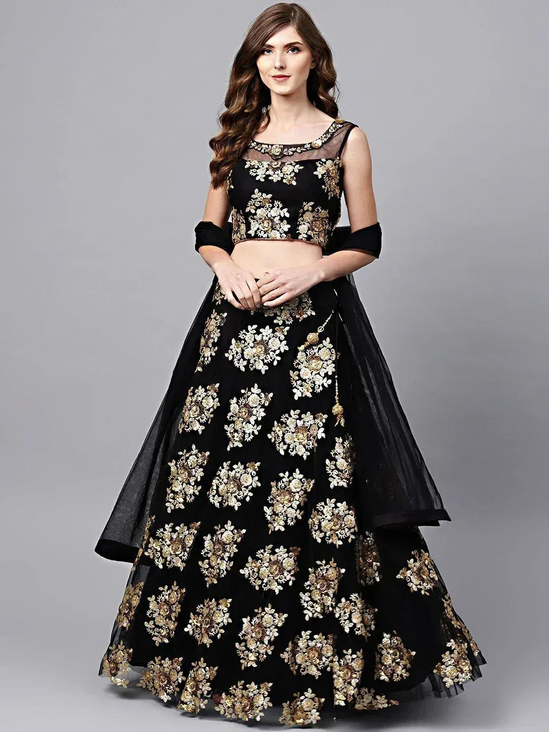 Tulsi Art Black Floral Golden Sequins Work Net Fabric Party Wear Lehenga Choli - Dista