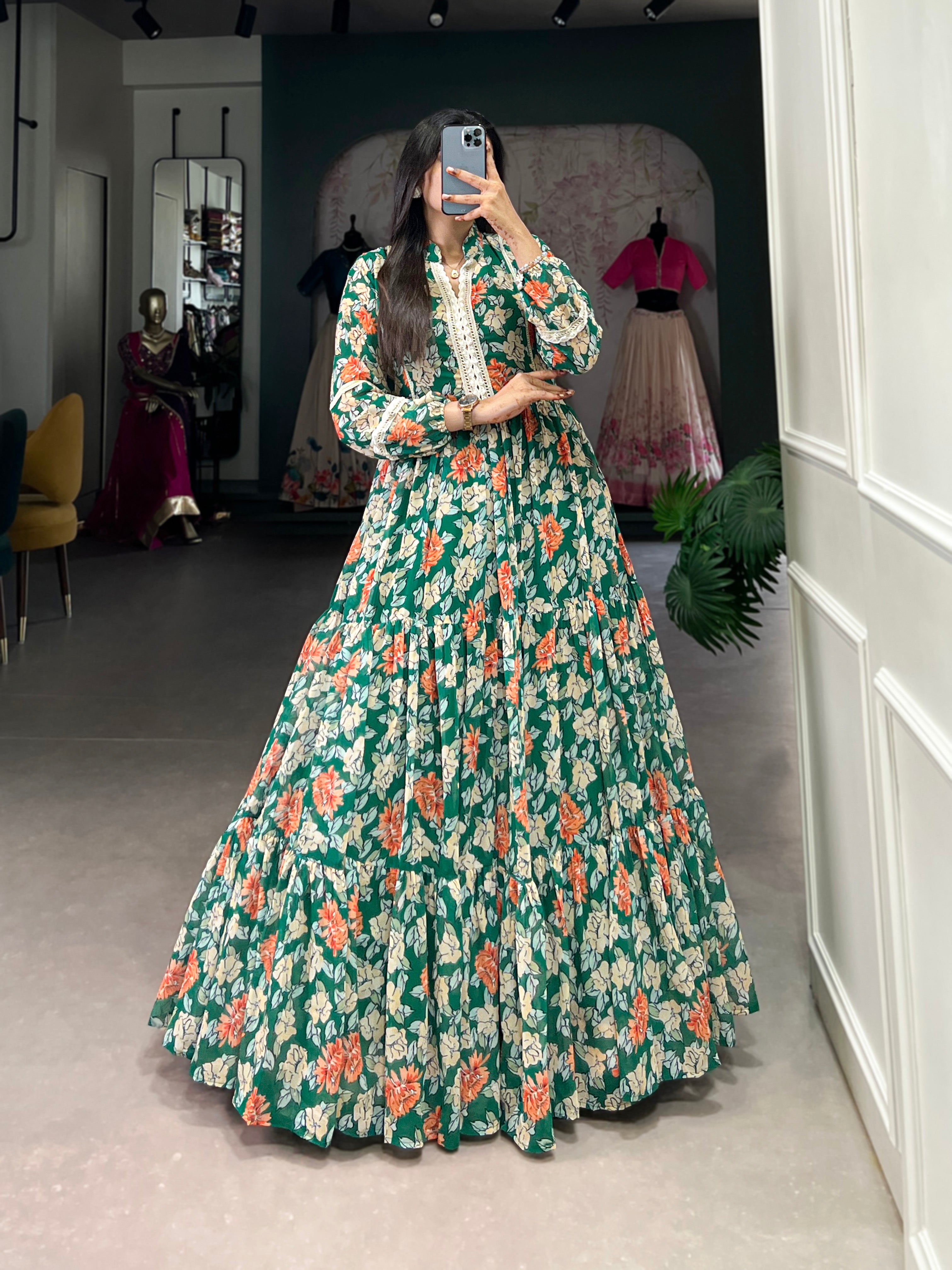 Lorenvalley Green Georgette Floral Print Gown - Distacart