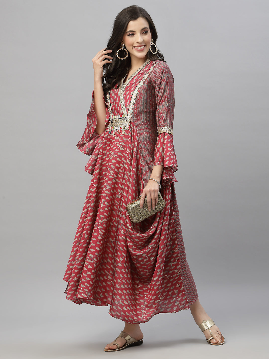 Juniper Women's Pink Silk Printed Flared Dress - Distacart