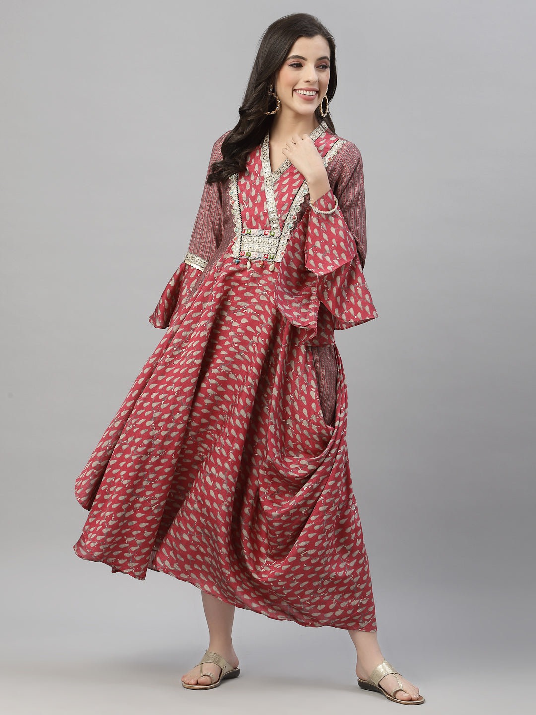 Juniper Women's Pink Silk Printed Flared Dress - Distacart