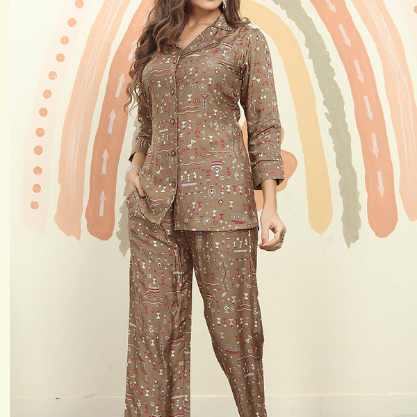 Monjolika Fashion Dark Beige Color Printed Rayon Designer Co Ord Set