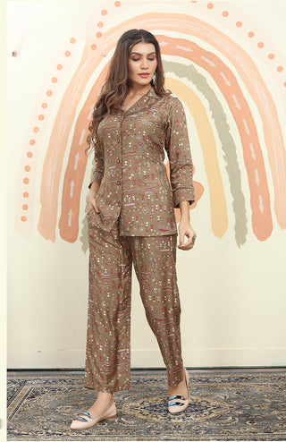 Monjolika Fashion Dark Beige Color Printed Rayon Designer Co Ord Set