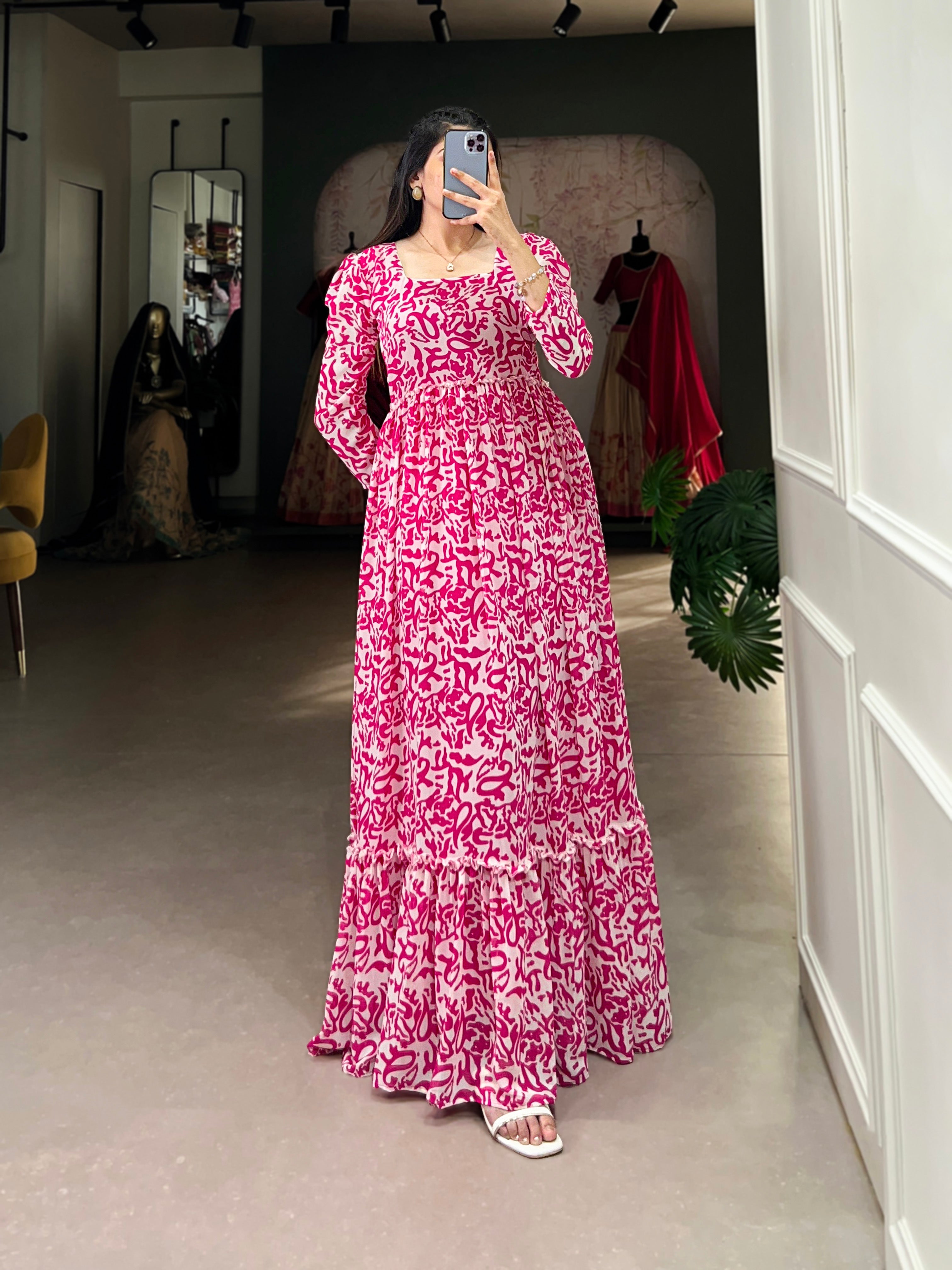 Lorenvalley Pink Georgette Printed Gown - Distacart