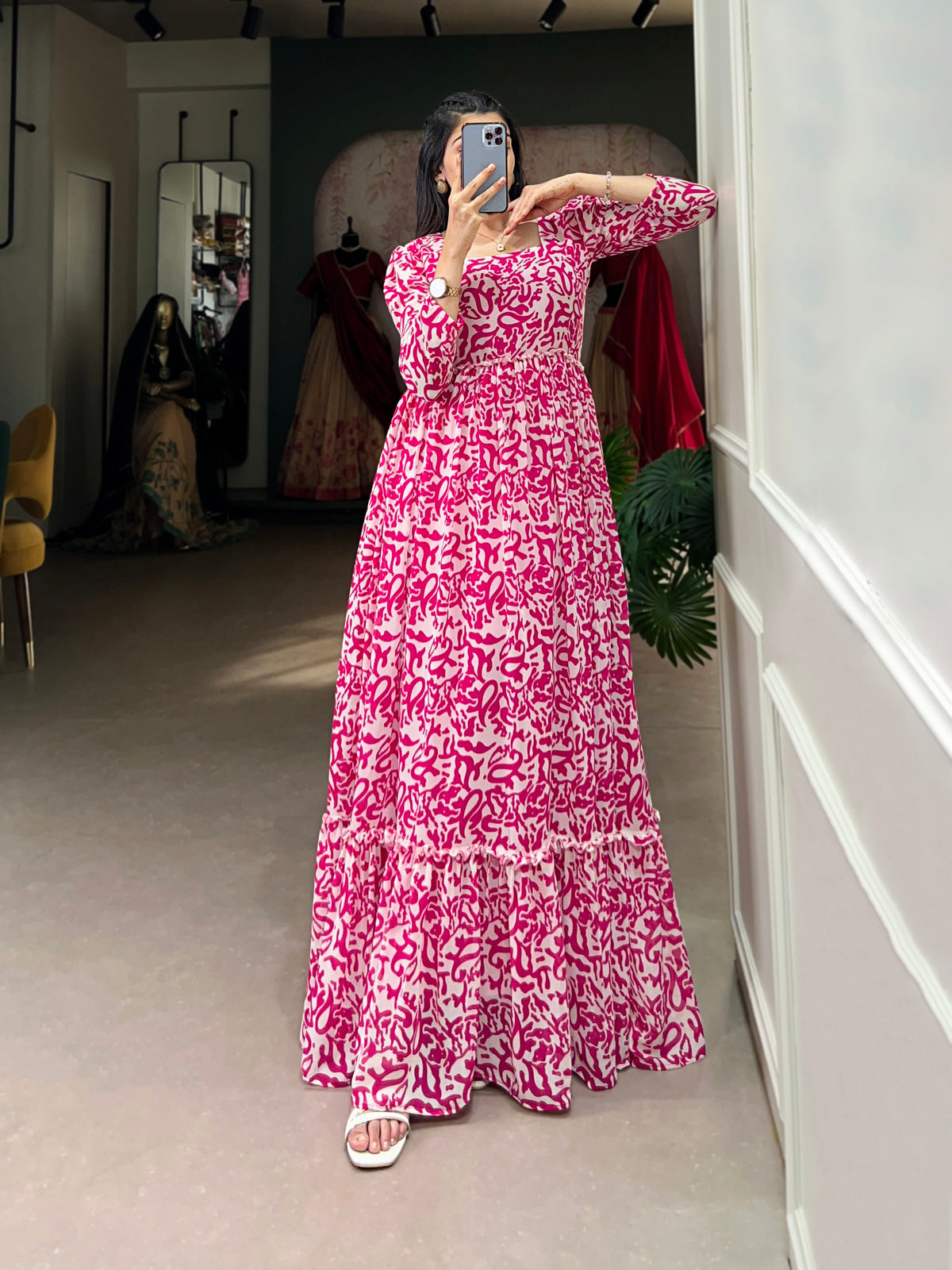 Lorenvalley Pink Georgette Printed Gown - Distacart
