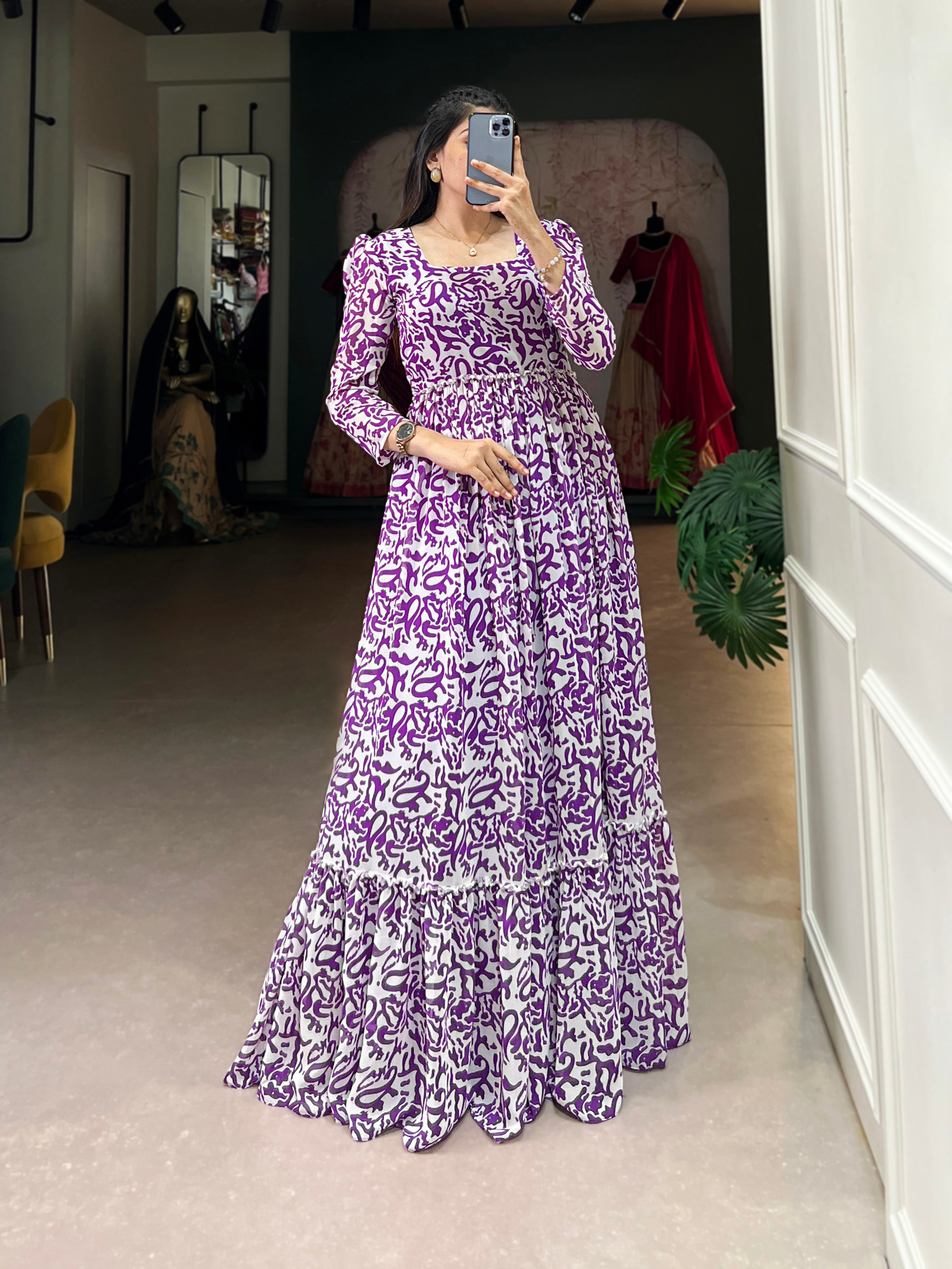 Lorenvalley Purple Georgette Printed Gown - Distacart