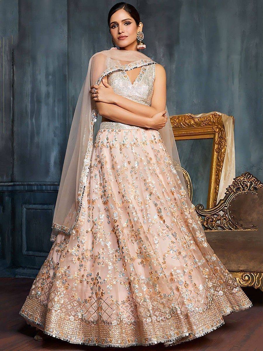 Tulsi Art Charming Peach Sequins Net Engagement Wear Lehenga Choli With Dupatta - Dista