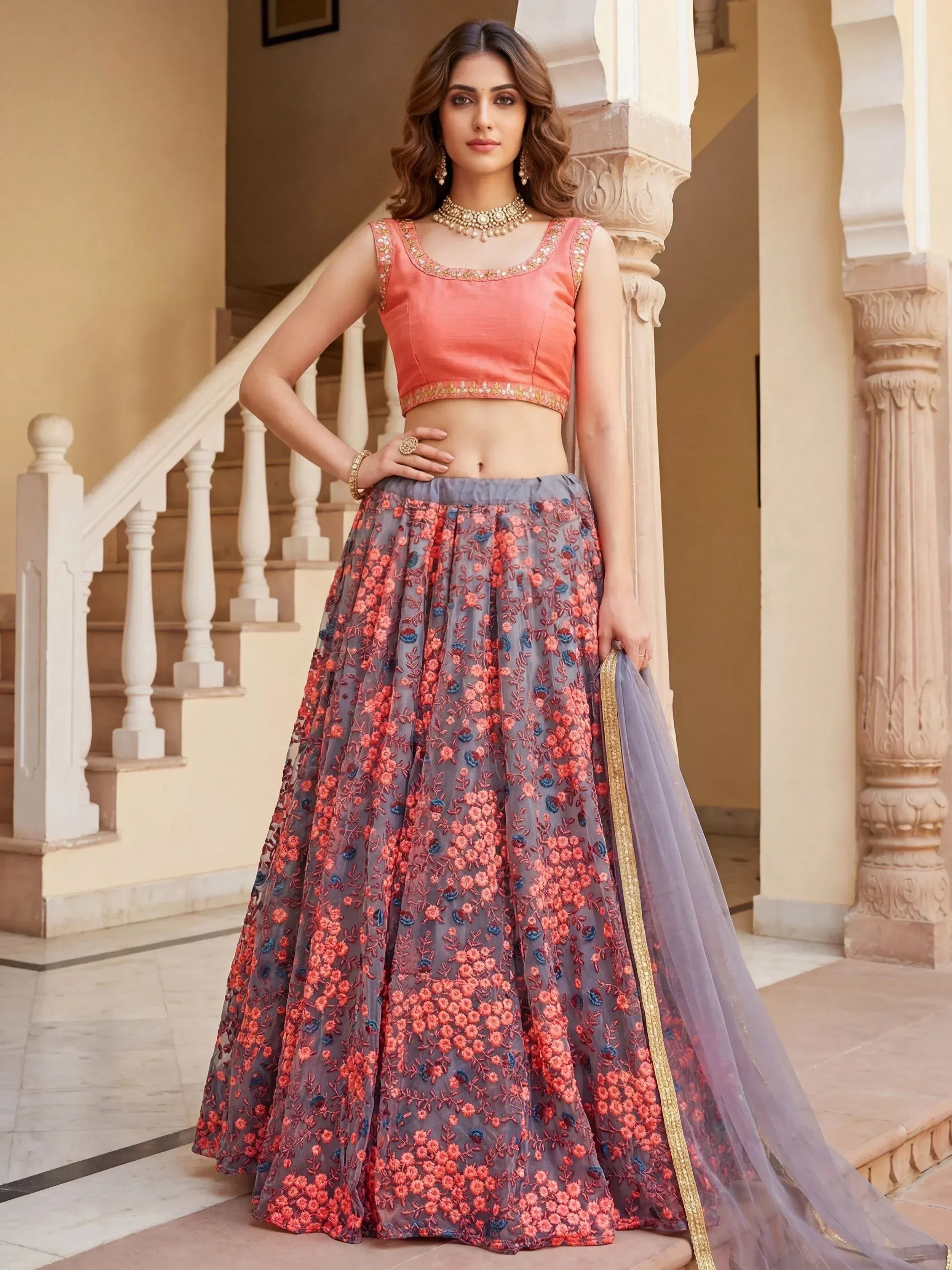 Tulsi Art Graceful Grey Embroidered Net Festive Wear Lehenga Choli - Dista