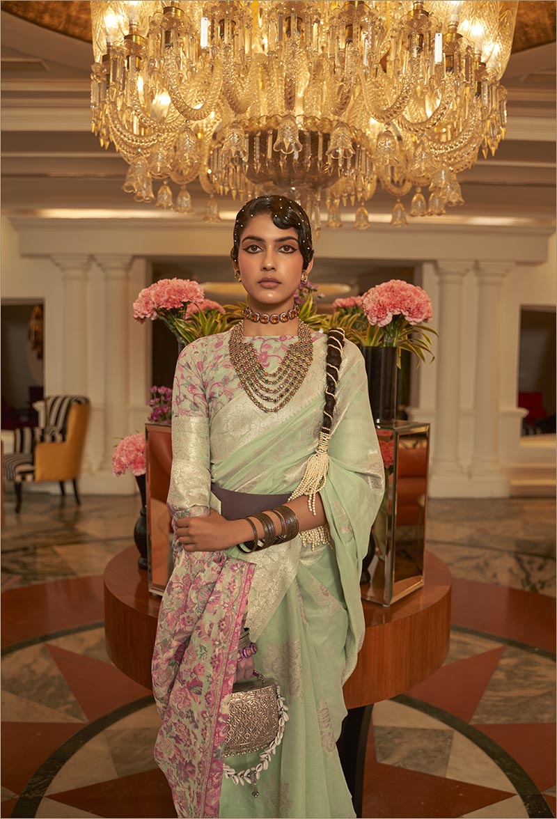 Monjolika Fashion Light Green Color Handloom Weaving Silk Work Saree With Blouse - Distacart